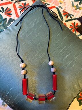Handcrafted Red Bead Pendant Necklace on Leather